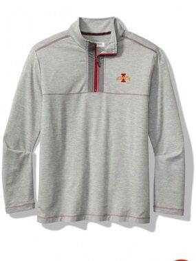 NWT Tommy Bahama Light Gray Quarter-Zip Pullover with Red Trim Iowa state